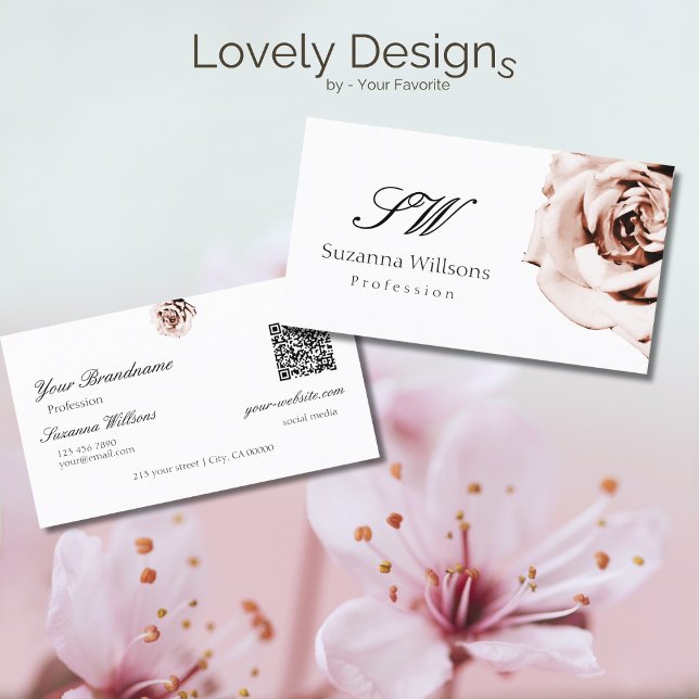 Niedliche rosa Rose Schlichte weiße Initialen QR-C Visitenkarte (Von Creator hochgeladen)