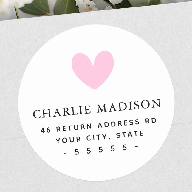 Niedliche, rosa Rücksendeadresse Runder Aufkleber (Cute pink heart white return address classic round sticker)