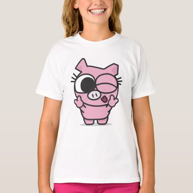 Niedliche rosa Schwein-Friedenswink-Zunge heraus T-Shirt (Vorderseite)