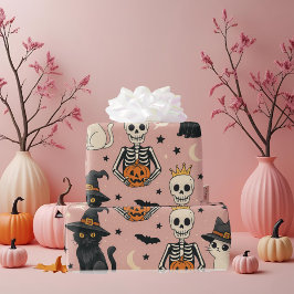 Niedliche Rosa Skelettprinzessin & Halloween Katze Geschenkpapier