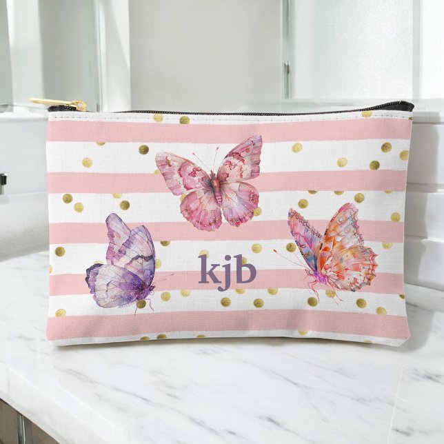 Niedliche rosa Streifen Dots Butterfells Monogram  Zubehörtasche (Personalize with your monogram initials.)