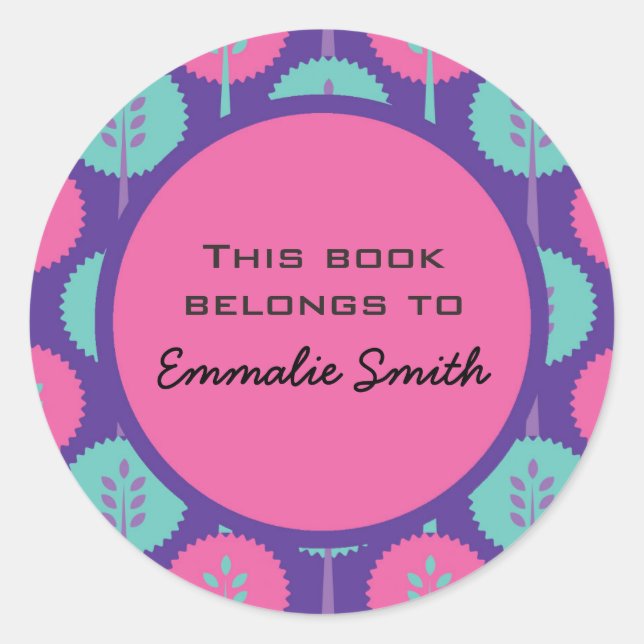 Niedliche Rosa und Aquamarine Bäume auf der Lila N Runder Aufkleber (Vorderseite)