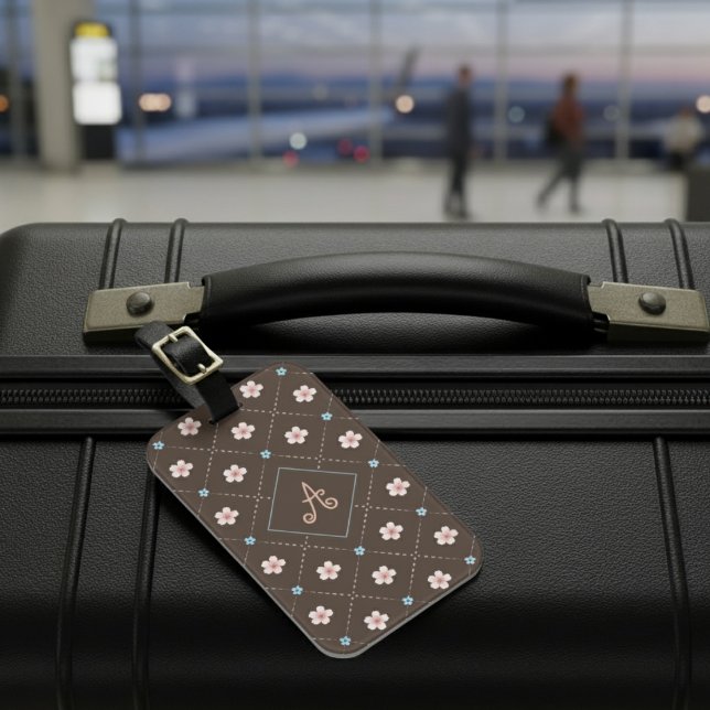 Niedliche rosa und blaue Blume Kariert auf braun Gepäckanhänger (Von Creator hochgeladen)