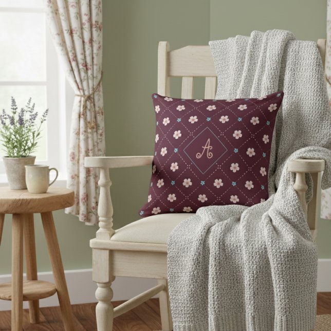 Niedliche rosa und blaue Blume Kariertes Muster au Kissen (Von Creator hochgeladen)