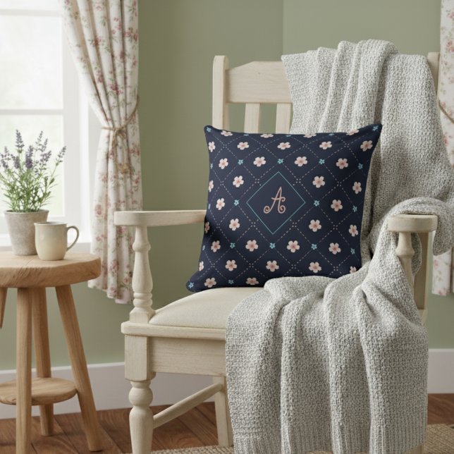 Niedliche rosa und blaue Blume Kariertes Muster au Kissen (Von Creator hochgeladen)