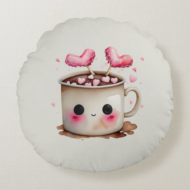 Niedliche Rosa und Creme Wasserfarbe Tasse Rundes Kissen (Vorderseite)