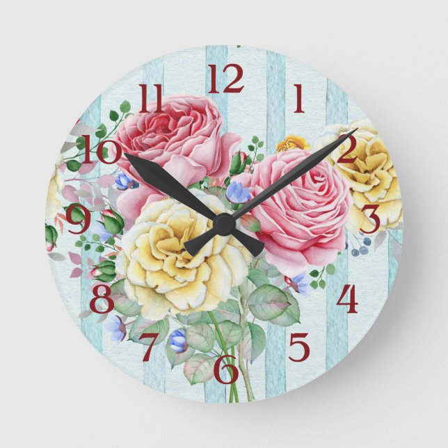 Niedliche rosa und gelbe Rosen mit Streifen Runde Wanduhr (Vorderseite)