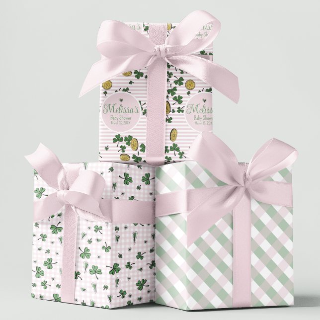 Niedliche Rosa und Grüne Clovers Irische Babydusch Geschenkpapier Set (Custom Girl Irish Shower Hand-Drawn Illustrations. Green Clovers & Lucky Gold Coins in Pink & White)