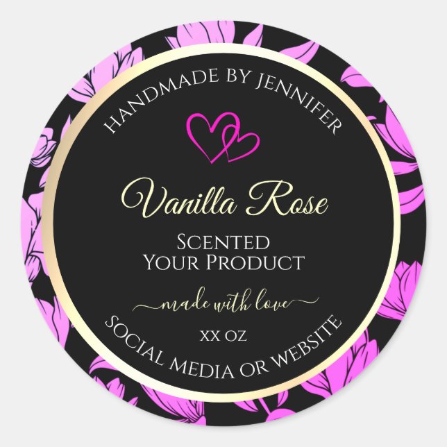 Niedliche, rosa und schwarze Blumenmarken Runder Aufkleber (Vorderseite)