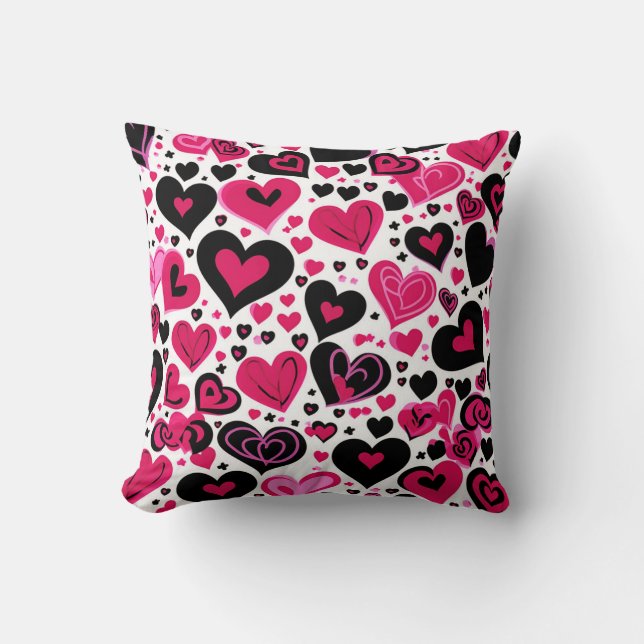 Niedliche rosa und schwarze Herzen Kissen (Vorderseite)