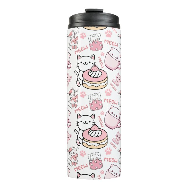 Niedliche Rosa und Weiße Katze Thermosbecher (Vorderseite)