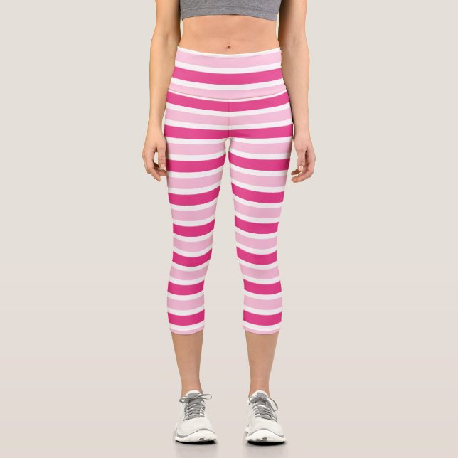 Niedliche, rosa und weiße Streifen Capri Leggings (Vorderseite)