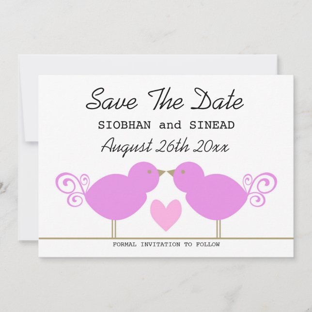 Niedliche rosa Vögel Lesben Hochzeit speichern das Save The Date (Vorderseite)