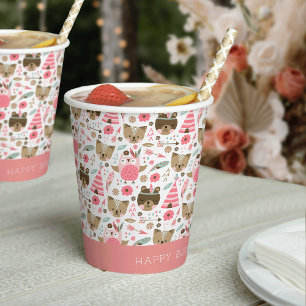 Niedliche rosa Waldtiere Personalisiert zum Geburt Pappbecher
