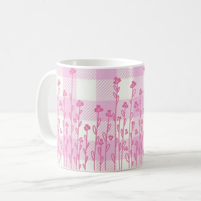 Niedliche rosa Wildblumen doodrosa karierter Gingh Kaffeetasse (Vorderseite Links)
