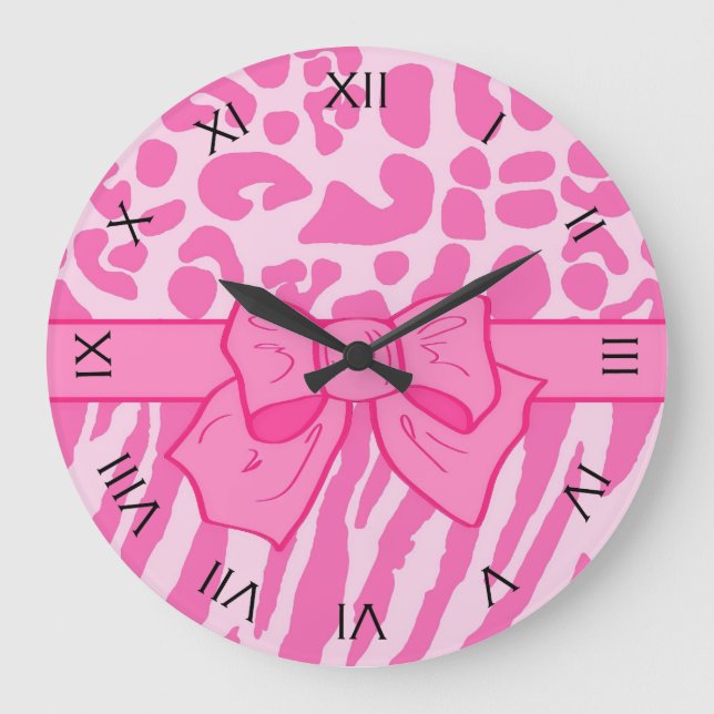 Niedliche Rosa Zebra Leopard Tierdruckerei und Gir Große Wanduhr (Vorderseite)