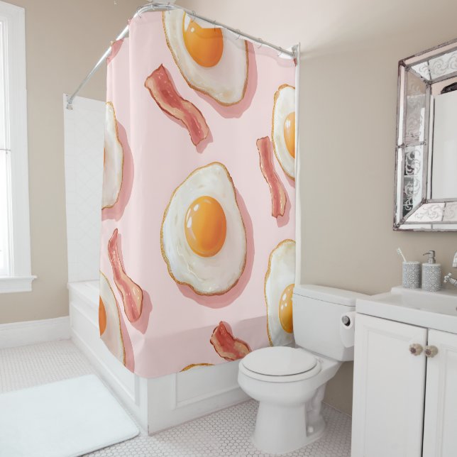 Niedliche, rosafarbene Eier und Bacon-Muster Duschvorhang (Beispiel)