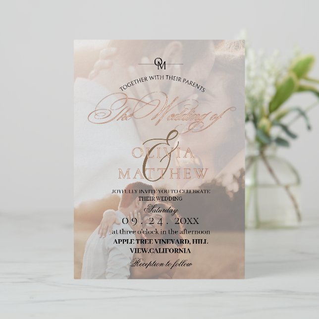 Niedliche Rose Gold Foil Overlay Foto Hochzeit Folieneinladung (Stehend vorne)