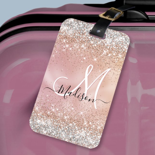 Niedliche Rose Gold Imitate Silber Glitzer Monogra Gepäckanhänger (Von Creator hochgeladen)