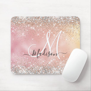 Niedliche Rose Gold Imitate Silber Glitzer Monogra Mousepad