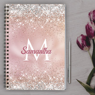 Niedliche Rose Gold Imitate Silber Glitzer Monogra Notizbuch