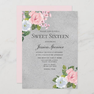 Niedliche Rose Pink & Silber Sweet 16 Einladung