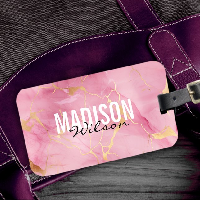 Niedliche Rose Rosa Imitate Glitzer Marmormonogram Gepäckanhänger (Von Creator hochgeladen)