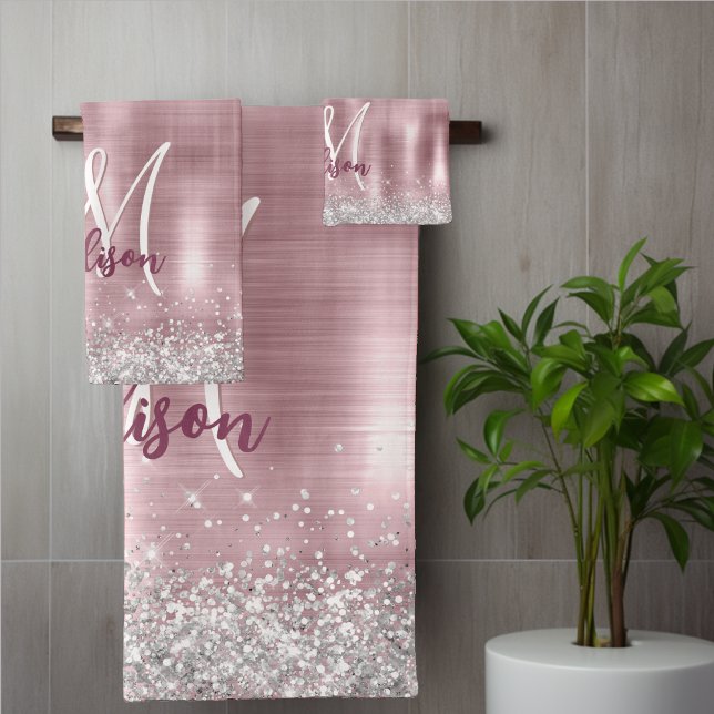 Niedliche Rose Schwarze Imitat Glitzer Monogramm Badhandtuch Set (Von Creator hochgeladen)