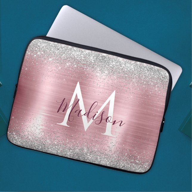 Niedliche Rose Schwarze Imitat Glitzer Monogramm Laptopschutzhülle (Von Creator hochgeladen)