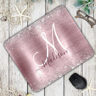 Niedliche Rose Schwarze Imitat Glitzer Monogramm Mousepad