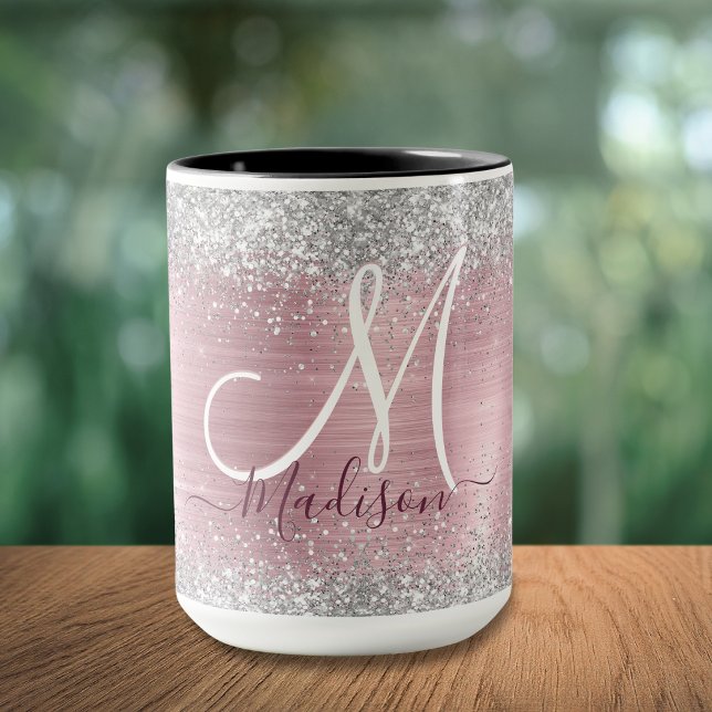 Niedliche Rose Schwarze Imitat Glitzer Monogramm Tasse (Von Creator hochgeladen)