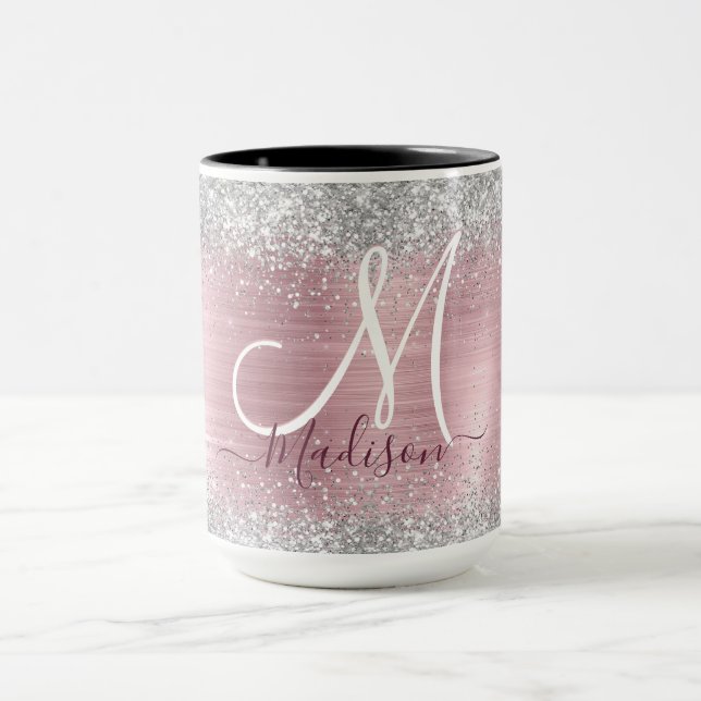 Niedliche Rose Schwarze Imitat Glitzer Monogramm Tasse (Zentrum)