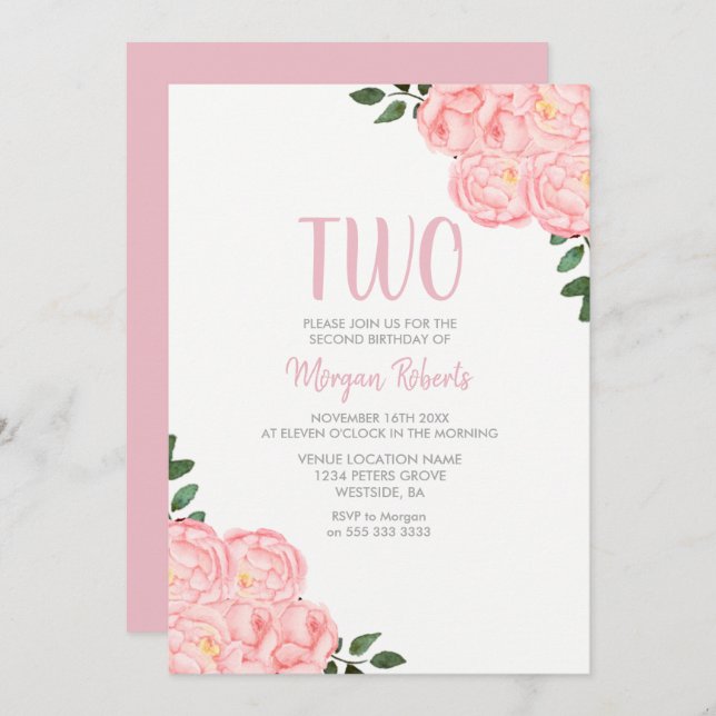 Niedliche Rosenmädchen 2. Geburtstag Party Einladu Einladung (Vorne/Hinten)