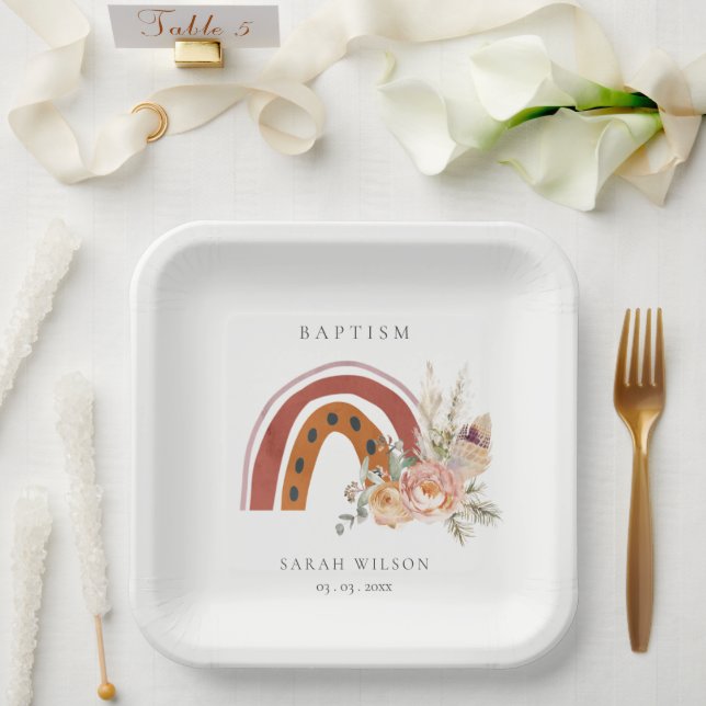 Niedliche Rost Orange Boho Bläsernieder Kreuztaufe Pappteller (Hochzeit)