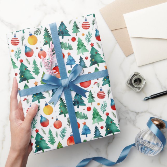 Niedliche Rot-Grün-Weihnachtsbaumkiefern Wasserfar Geschenkpapier (Schenken)