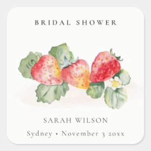 Niedliche rote Erdbeerblätter Hochzeitsshower Quadratischer Aufkleber