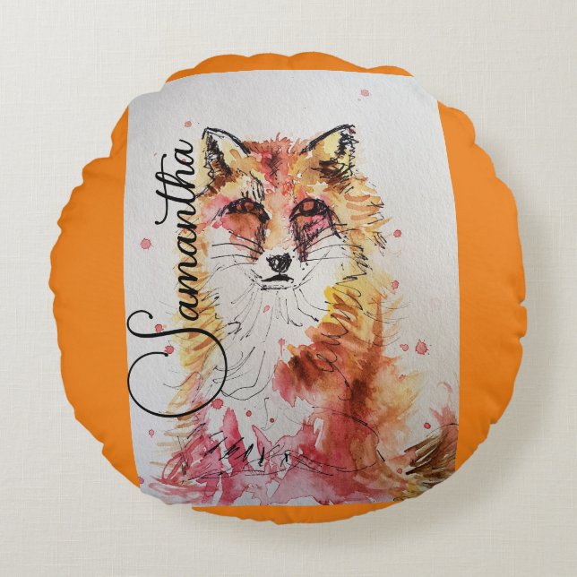Niedliche Rote Fox Aquarellfarbe Tasse Orange Rundes Kissen (Vorderseite)