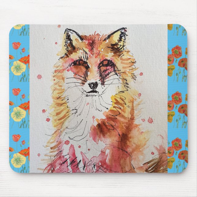 Niedliche Rote Fox Aquarellmalerei Maus Mat Blumen Mousepad (Vorne)
