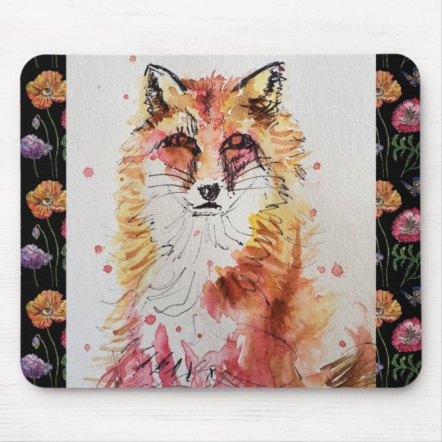 Niedliche Rote Fox Aquarellmalerei Maus Mat Blumen Mousepad (Vorne)