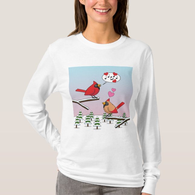 Niedliche Rote Kardinal Liebe Winterlandschaft T-Shirt (Vorderseite)