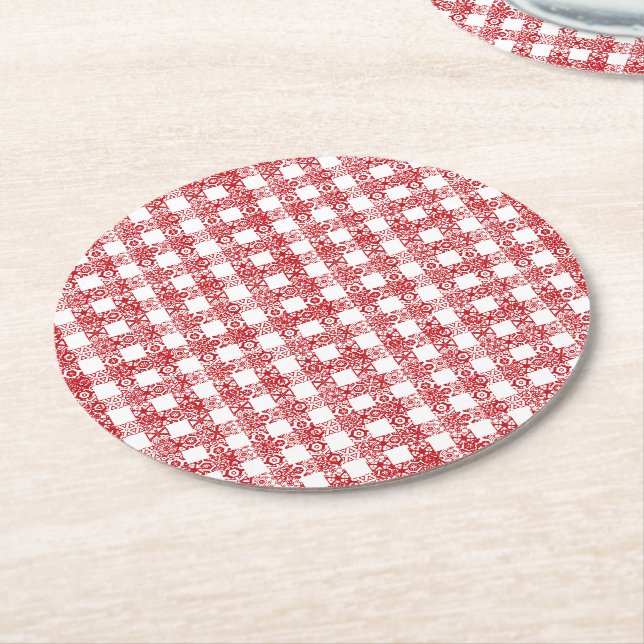 Niedliche rote Spitze kariertes Vintages Bauernnet Runder Pappuntersetzer (Angewinkelt)