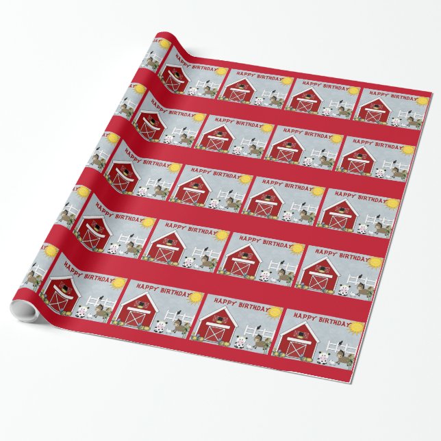 Niedliche Rotstall-Farmtiere Geburtstagswrapping P Geschenkpapier (Ungerollt)