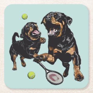 Niedliche Rottweiler Hunde Tennis spielen Rechteckiger Pappuntersetzer