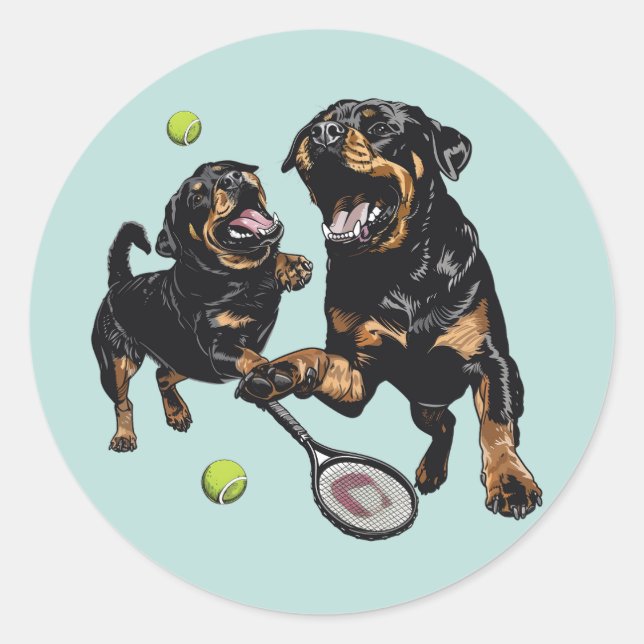 Niedliche Rottweiler Hunde Tennis spielen Runder Aufkleber (Vorderseite)
