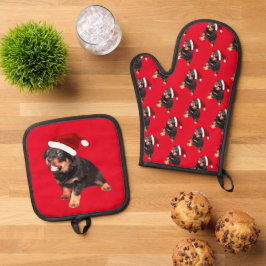 Niedliche Rottweiler-Weihnachtsmannmütze für Welpe Ofenhandschuh & Topflappen-Set