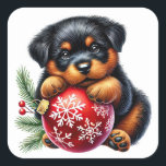 Niedliche Rottweiler Welpe genießt Weihnachtsfeier Quadratischer Aufkleber<br><div class="desc">Ein charmanter Rottweiler Welpe sitzt spielerisch neben einem festlichen roten Ornament,  das mit weißen Schneeflocken dekoriert ist. Dieses bezaubernde Haustier,  umgeben von der Vegetation der Ferien,  verkörpert die Freude und die Wärme der Weihnachtszeit und bringt jedem in der Nähe Beifall.</div>