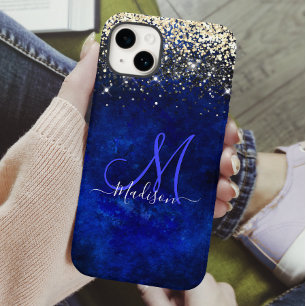 Niedliche Royal Blue Gold Imitate Glitzer Monogram Case-Mate iPhone 14 Hülle