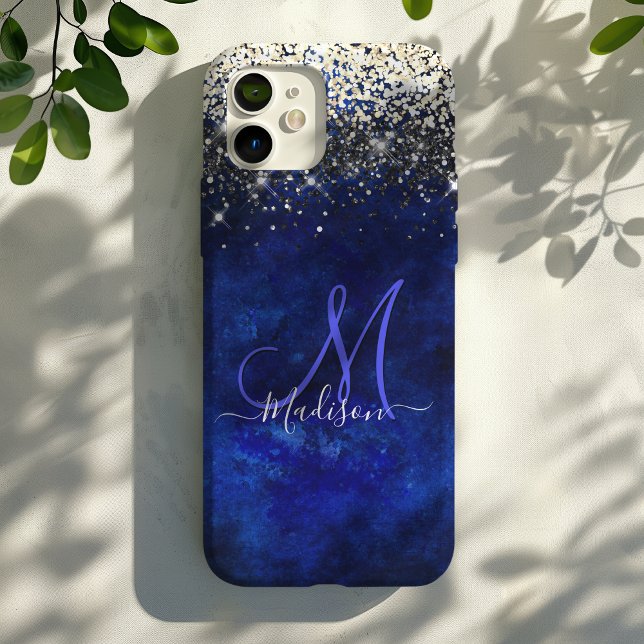 Niedliche Royal Blue Gold Imitate Glitzer Monogram Case-Mate iPhone Hülle (Von Creator hochgeladen)