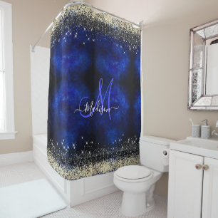 Niedliche Royal Blue Gold Imitate Glitzer Monogram Duschvorhang