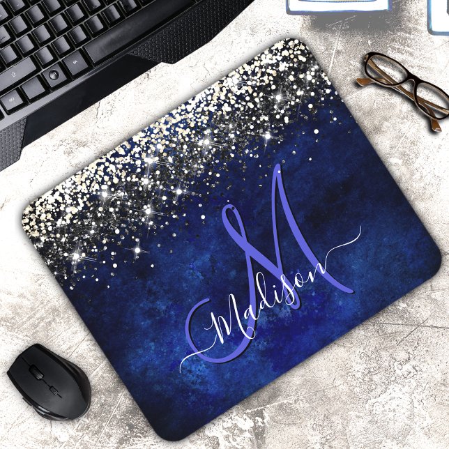 Niedliche Royal Blue Gold Imitate Glitzer Monogram Mousepad (Von Creator hochgeladen)